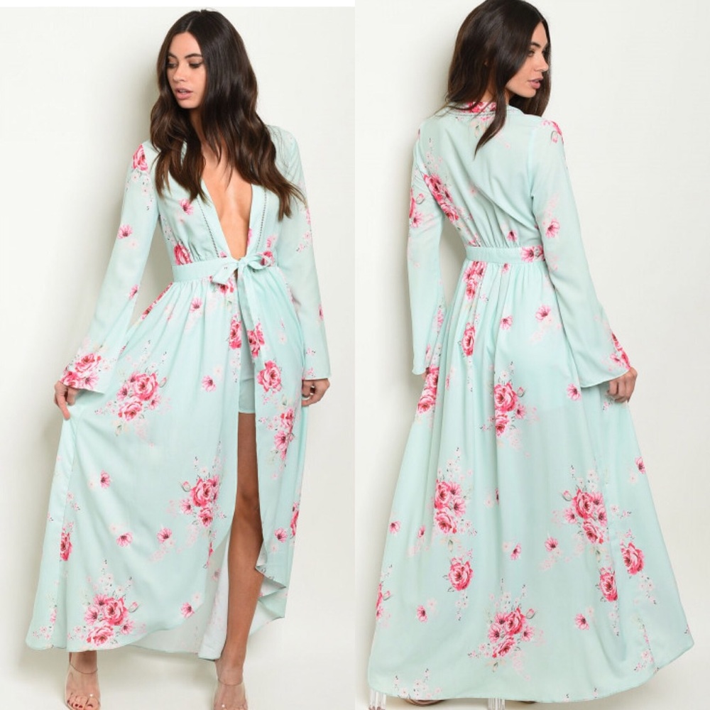 Floral Tie-Waist Maxi Coatigan in Mint with Pink Roses